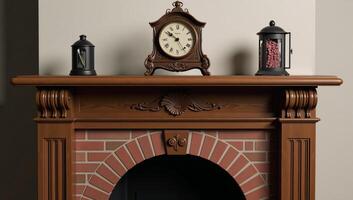 A vintage oldfashioned fireplace is depicted with a carriage clock on the mantelpiece 3D rendered photo