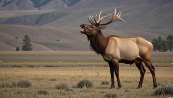 Photorealistic wildlife illustration of a bull elk bugling in a view against an isolated backdrop photo