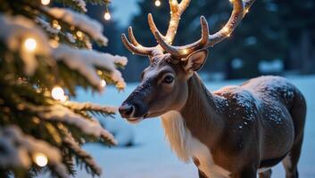 A sparkling litup reindeer amidst a wintry setting photo