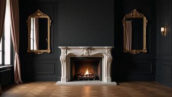An empty classically styled room showcases a striking black fireplace against a dark wall photo