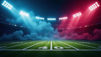 Computergenerated American Football Stadium field with smoky neon backdrop ideal for designs in flyers ads booklets and leaflets photo