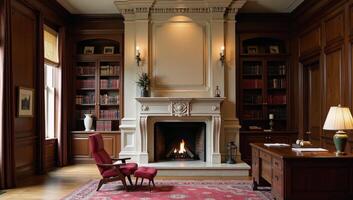 An opulent room showcasing a grand fireplace and a spacious library with a study table photo
