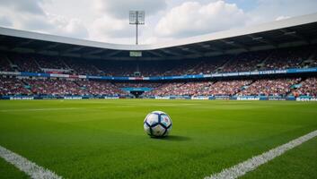 Player readied for soccer match standing in midfield with ball on lush grass atop a stadium photo