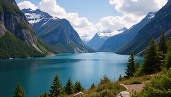 A picturesque fjord with towering mountain ranges photo