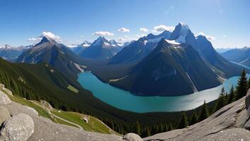 Stunning landscape featuring majestic mountains and flowing rivers illuminated by soft ethereal light photo