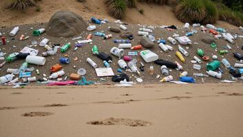 A polluted beach overflowing with trash serves as an impactful visual reminder about environmental pollution and recycling photo