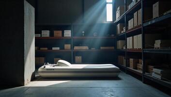 Illuminated organized shelves create a tranquil atmosphere within a warehouse corner photo
