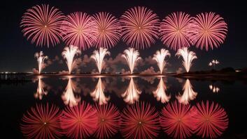 Firework displays over mirrored river surface with reflections photo