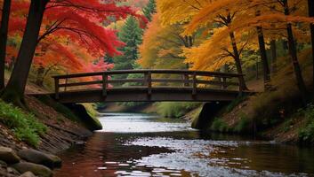 Picturesque autumn scene serene river flowing under colorful trees with a charming wooden bridge photo
