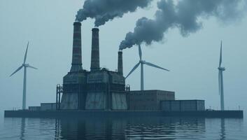 3D render of polluting factory with wind turbines showcasing air pollution renewables in a cool blue palette photo