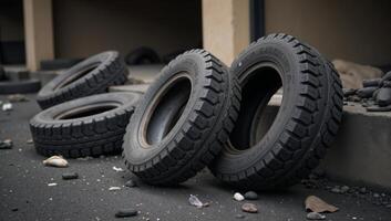 A grungy setting featuring burnt out car tire remnants on an ashen backdrop photo