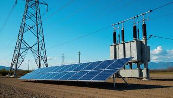 A hyperrealistic illustration featuring an intricate power system with renewable grid and electric transmission lines set against a backdrop of dynamic electric energy photo