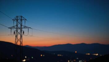 Striking abstract portrayal of energy and technology through electrifying nighttime scene of bokeh lighted power lines photo
