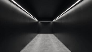 Modern minimalist mockup featuring an empty concrete hallway with black walls and LED lights lining the ceiling photo