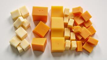Modern arrangement of colorful cheese cube pieces from above perspective photo