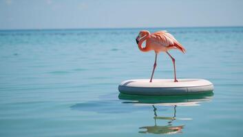 Pink flamingo floats peacefully on an ocean raft surrounded by calm waters photo