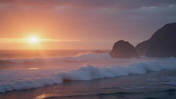 A creative copyspace image featuring a mystical sunrise over an ocean veiled by foggy clouds photo