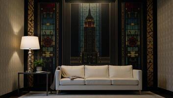 Art Decoinspired image featuring black geometric patterns on stained glass showcasing an iconic halfdrop view of the Empire State Building photo