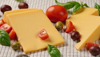 A selection of assorted cheeses vegetables and herbs on a colorful print background Cheese Dairy photo