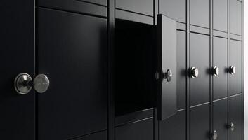 A stylized image featuring black lockers with one open compartment rendered in 3D photo