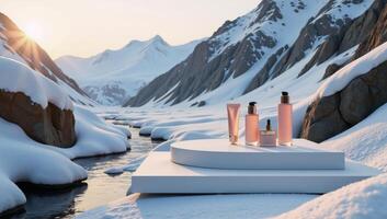 Icethemed abstract 3D render showcases an empty product display stage against a backdrop of an ice podium set upon a snowy mountain with an adjacent flowing river ideal for promoting cosmetics and photo