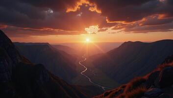 Sunset in Space Romantic Riverinspired View of Valley Original Prompt In a breathtaking dreamy scene reminiscent of romantic riverscapes an ethereal sunrise illuminates a distant valley set amidst the photo
