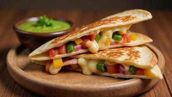Cheese vegetable quesadillas served with salsa on a rustic table photo