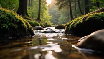 A cozy forest stream with gentle rain and soft glows Cozy Vibe photo