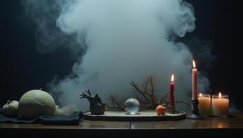 Foggy dark setting with smoke and mist on wooden table against an abstract and defocused Halloween backdrop photo