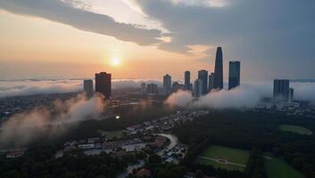 Aerial view of cityscape during twilight showcasing foggy skies with clouds above photo