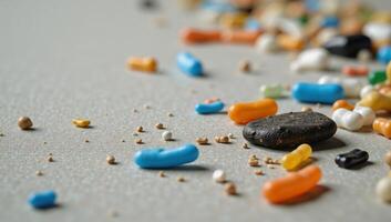 Stock image showcases microplastic pollution scattering an environmental backdrop photo
