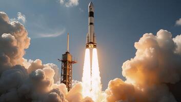 Dynamic 3D Launch Scene Showcases Space Rocket Ascent with Fiery Exhaust Surrounding Smoke photo