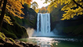 An enchantingly serene forest scene featuring a shimmering sunlit waterfall surrounded by glowing golden trees and a clear blue river photo