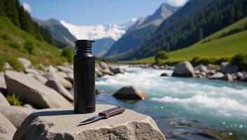 A mountainous landscape features a summertime hike with a knapsack and knife at rest near a river suggesting a hikers camp photo