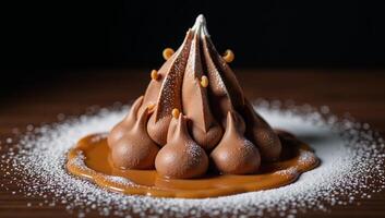 A mountainous desert scene showcases a towering chocolate mousse formation with a winding caramel stream photo