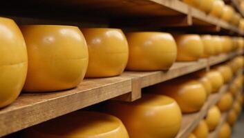 Aged waxcovered cheese wheels stored on rustic wood shelving within a cheese factory setting photo