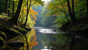 Forest scene with flowing river runs through painted style not specified photo