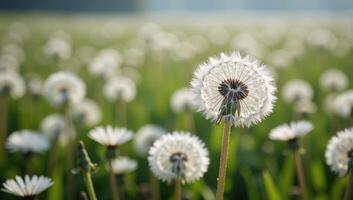 A dandelion field shimmering with polluted light and wispy puffballs amidst the haze photo