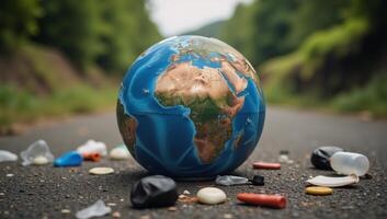 Depiction of Earth suffering from ecopollution by human waste trash littering various landscapes with a blurred focus on our planets plight as a reminder of the urgent need to address environmental photo