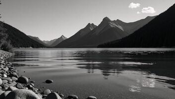 Blackandwhite drawing featuring a serene mountain range with a peaceful lake in the foreground photo