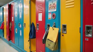 Vibrant rows of school lockers line up neatly photo