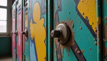 Locker adorned in grungy graffitied style against an abstract backdrop of vibrant colors photo