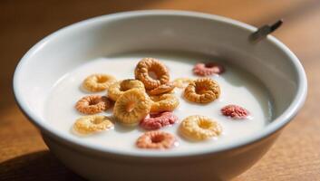 Breakfast scene featuring cereal and milk splashes on foodfocused backdrop photo
