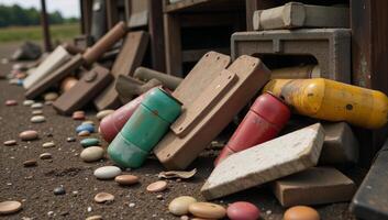Scene featuring various 3Drendered objects found in a cluttered junkyard photo
