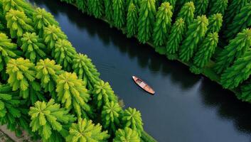 Aerial perspective showcasing a verdant river winding through a lush forest flanked by towering green trees featuring a solitary boat adrift on the waters surface photo