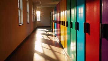 Sunlit hallways adorned with vibrant lockers reveal intricate shadow patterns and reflective geometry photo