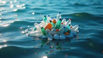 Floating plastic litter bottles microplastics in open sea marine pollution visualized as 3D illustration photo