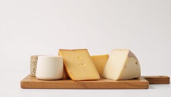 illustration Assorted cheese types neatly arranged on a wooden board against a white backdrop for text placement photo