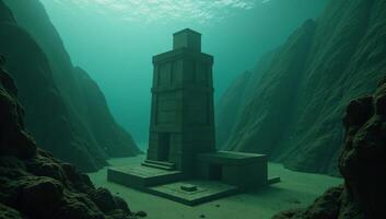 In an underwater Atlantean ruin submerged and crumbling lost city with lit cubes among runecovered columns where humans have hidden amidst the green fog photo