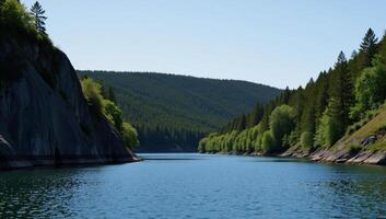Tranquil river landscape with lush greenery rugged cliffs and azure skies photo